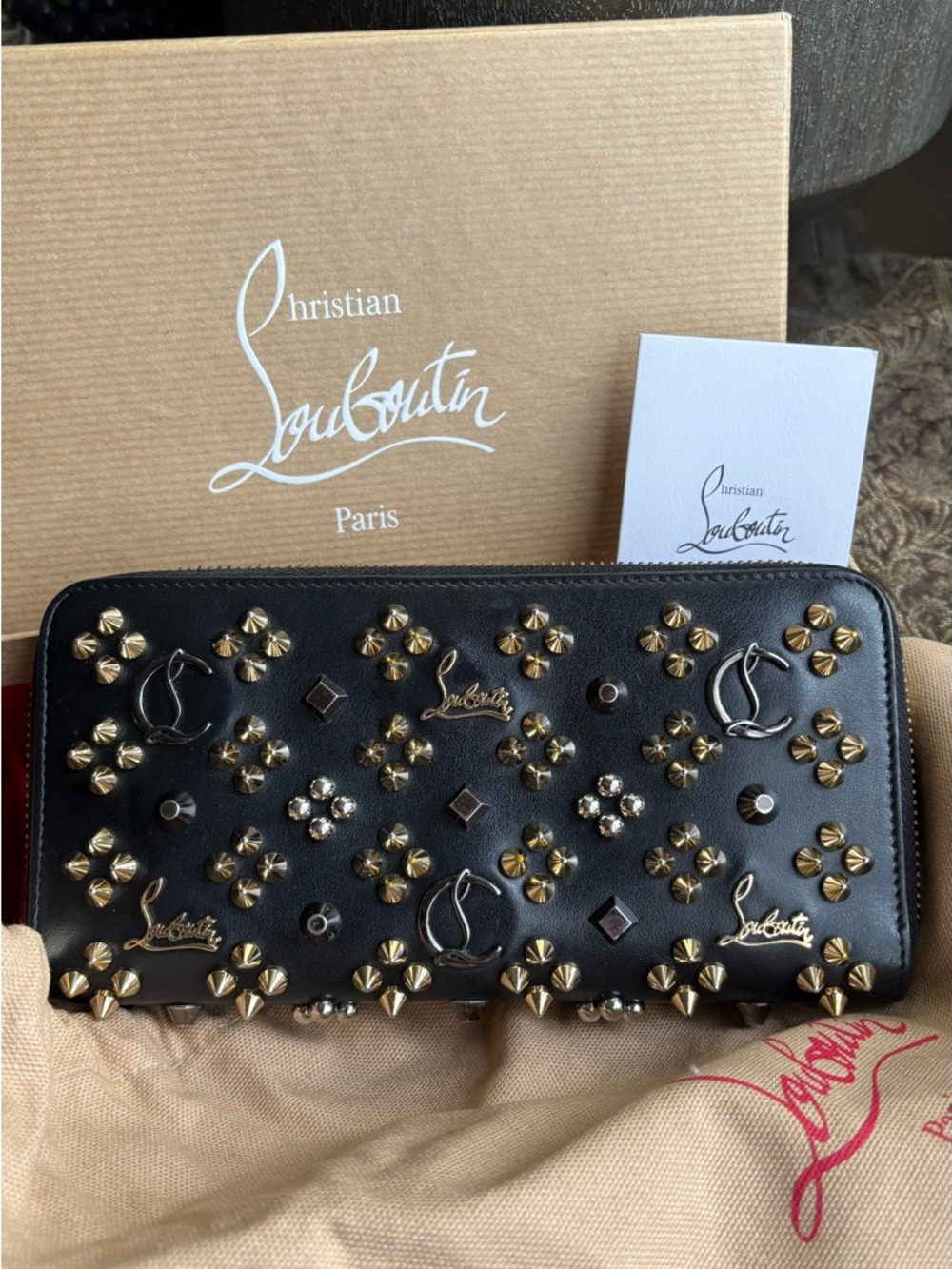 Authentic Christian Louboutin Black/Gold/Silver Studded leather zip Wallet